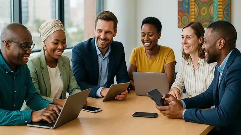 Diverse South African business people collaborating in an office using laptops and tablets, representing digital transformation.